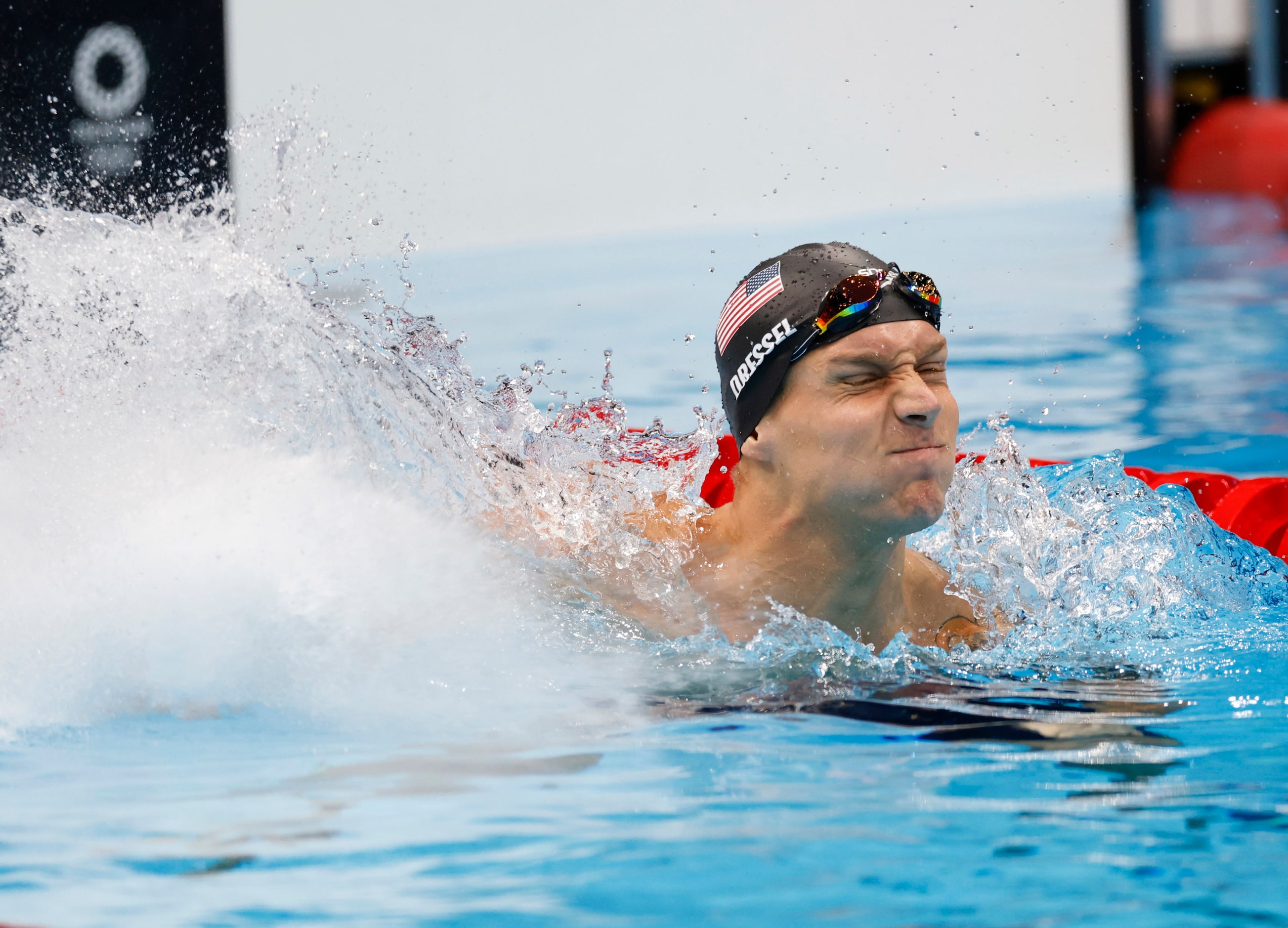 USA’s Caeleb Dressel celebrates after winning the men’s 50 meter freestyle final during the...