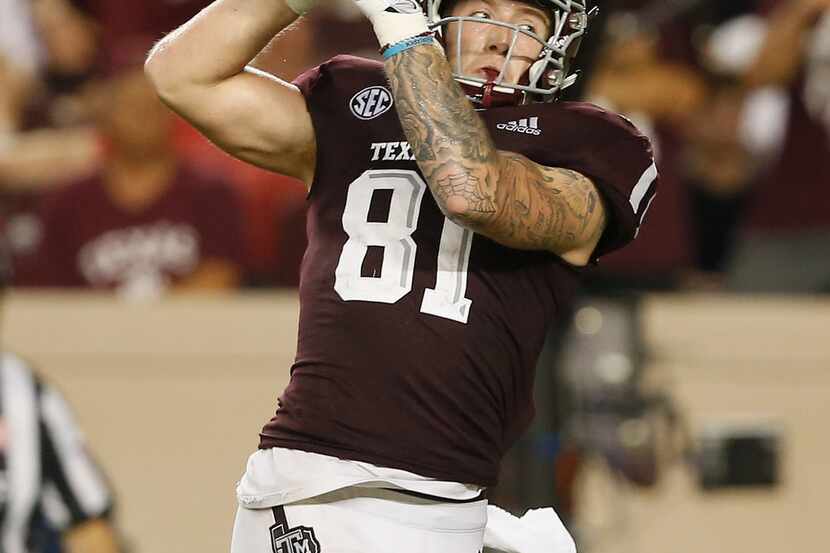 COLLEGE STATION, TX - SEPTEMBER 15:  Jace Sternberger #81 of the Texas A&M Aggies catches a...