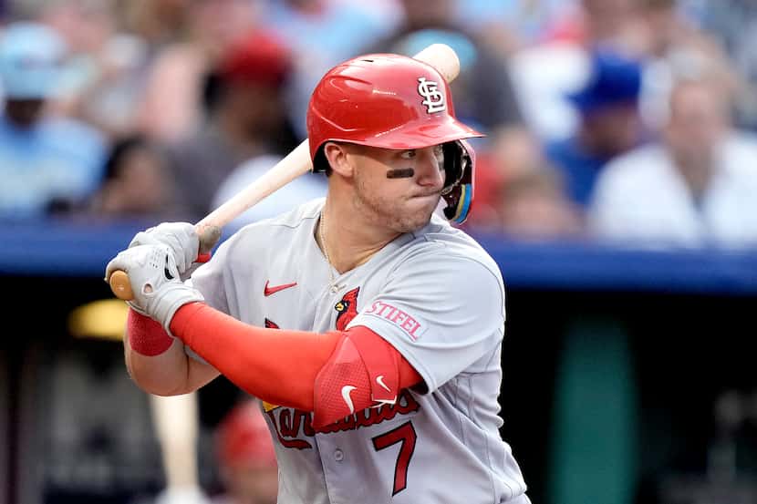 St. Louis Cardinals' Andrew Knizner bats during the third inning of a baseball game against...
