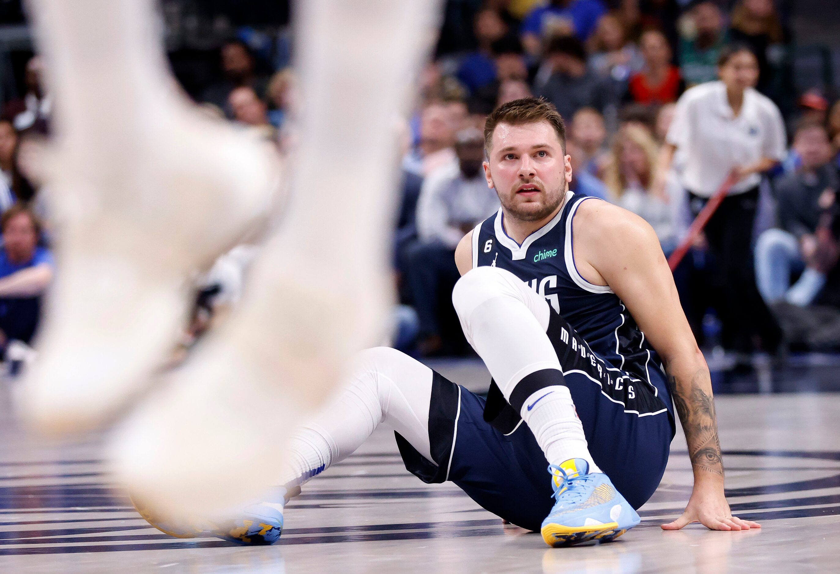 Dallas Mavericks guard Luka Doncic (77) looks for a call on the Toronto Raptors during the...