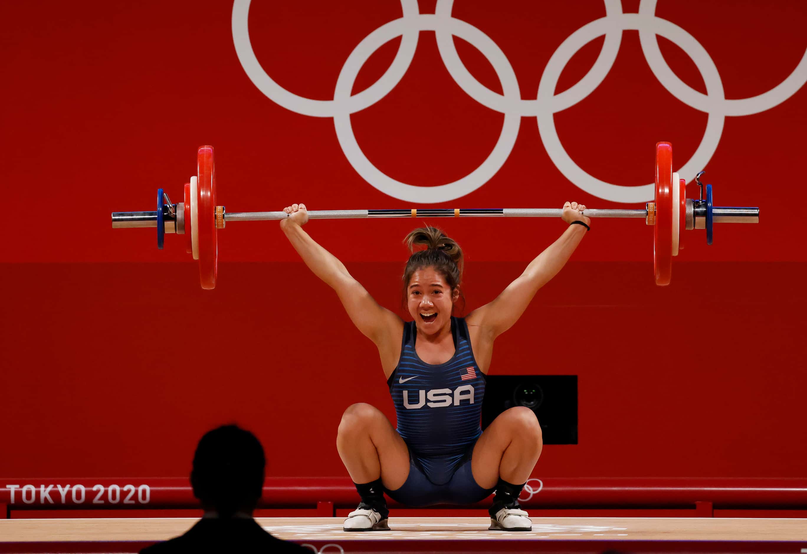 USA’s Jourdan Delacruz attempts to lift 89kg on her third attempt of the snatch round during...