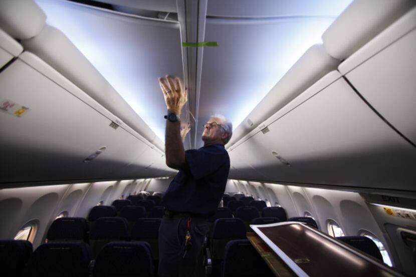 An American Airlines 737 is outfitted with a new Boeing Sky Interior, which is designed to...