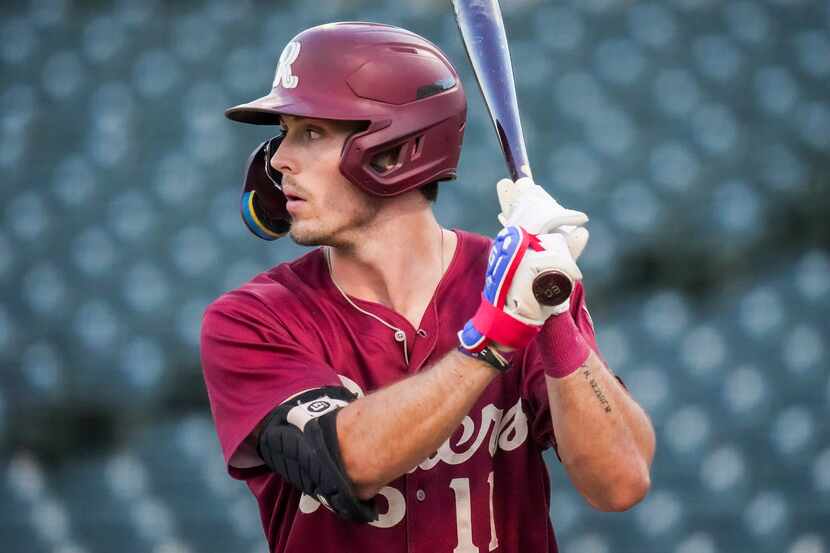 Frisco RoughRiders outfielder Evan Carter bats during the third inning of a Minor League...