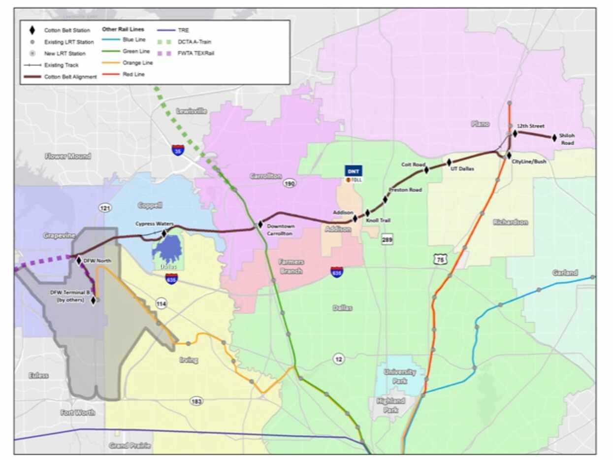 The Dallas Area Rapid Transit plan is for the city of Dallas (in green) to have four stops...