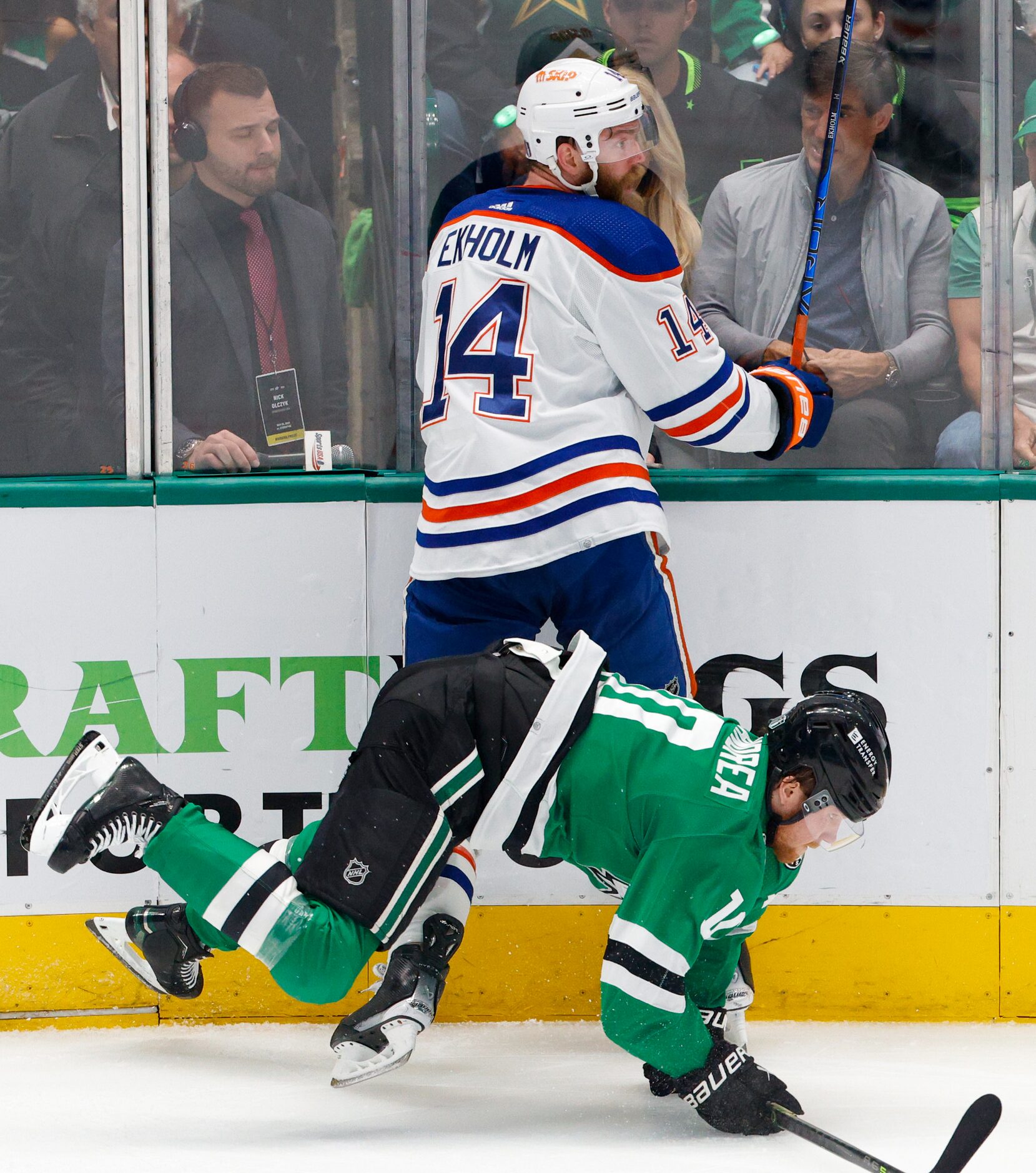 Dallas Stars center Ty Dellandrea (10) loses his balance after colliding with Edmonton...