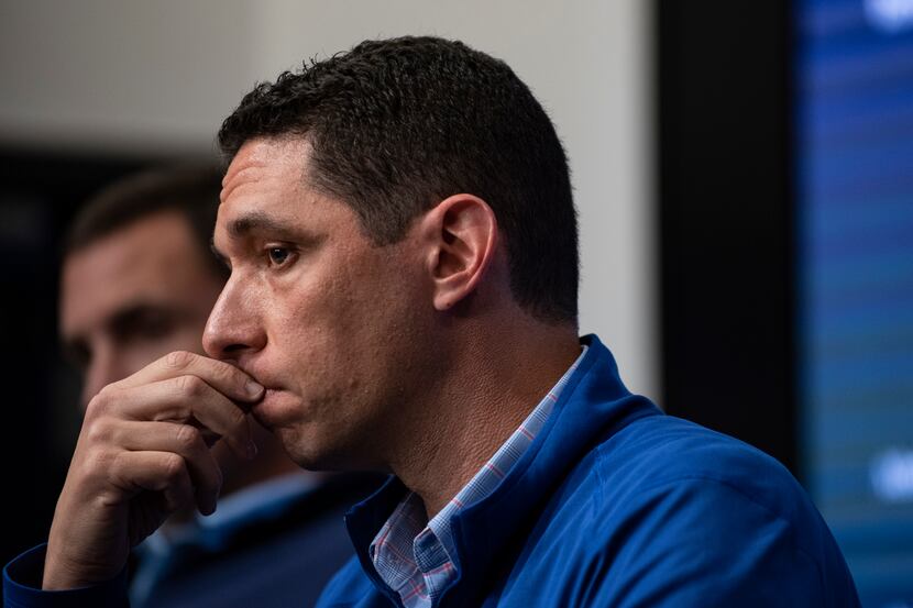 Texas Rangers President of Baseball Operations Jon Daniels listened to a question from a...