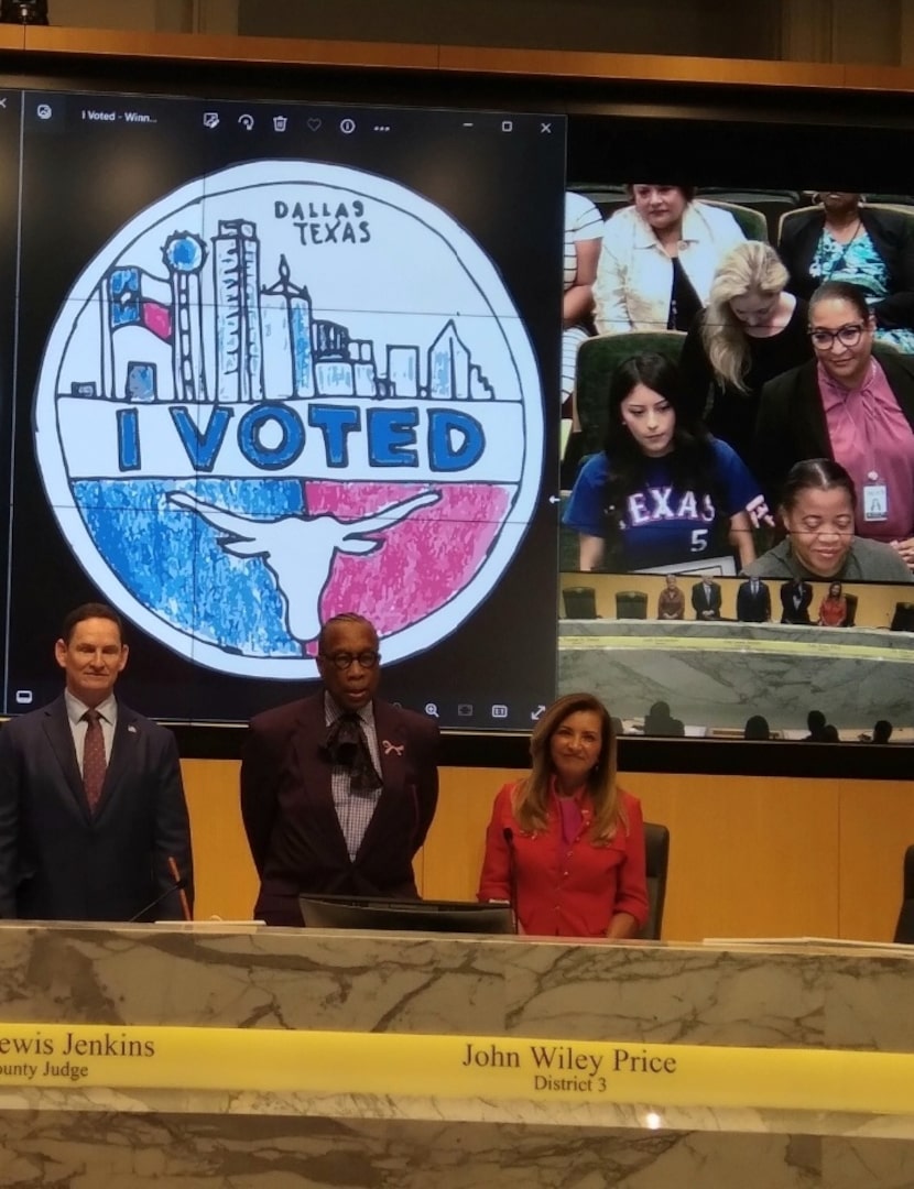 Mareily Lopez at Dallas County Commissioners Court speaking with County Judge Clay Lewis...