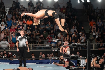 Marshall Von Erich performs a moonsault off the top rope at Cicero Stadium in Chicago....