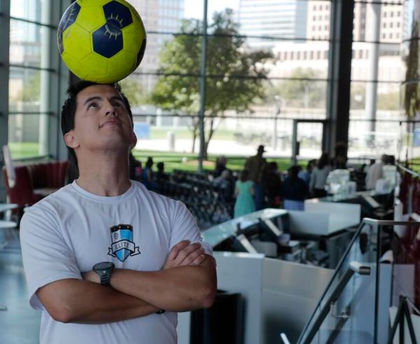 
Felipe Alcala, a coach with the Elite School of Soccer, showed off his soccer skills at the...