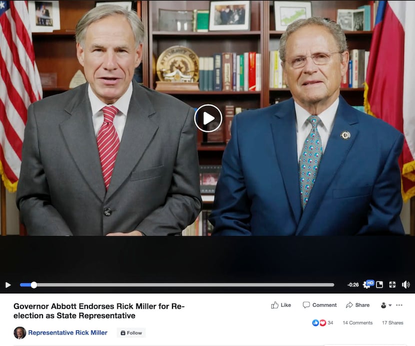 While Gov. Greg Abbott removed an endorsement video with Rep. Rick Miller (R-Sugar Land)...