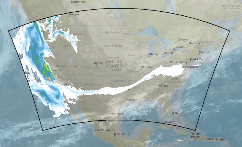 The HRRR smoke field model from the National Oceanic and Atmospheric Administration shows...