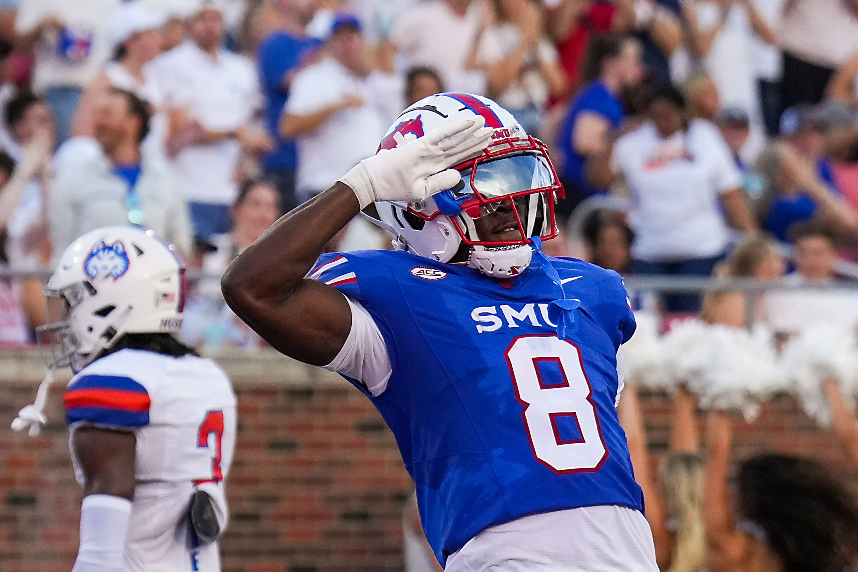 SMU wide receiver Jordan Hudson (8) celebrates after catching a 28-yard touchdown pass...