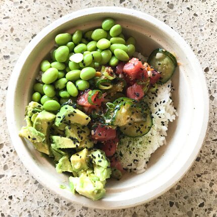 "Classic tuna" poke bowl with edamame, avocado cucumber, scallions and sesame at Go Fish Poke