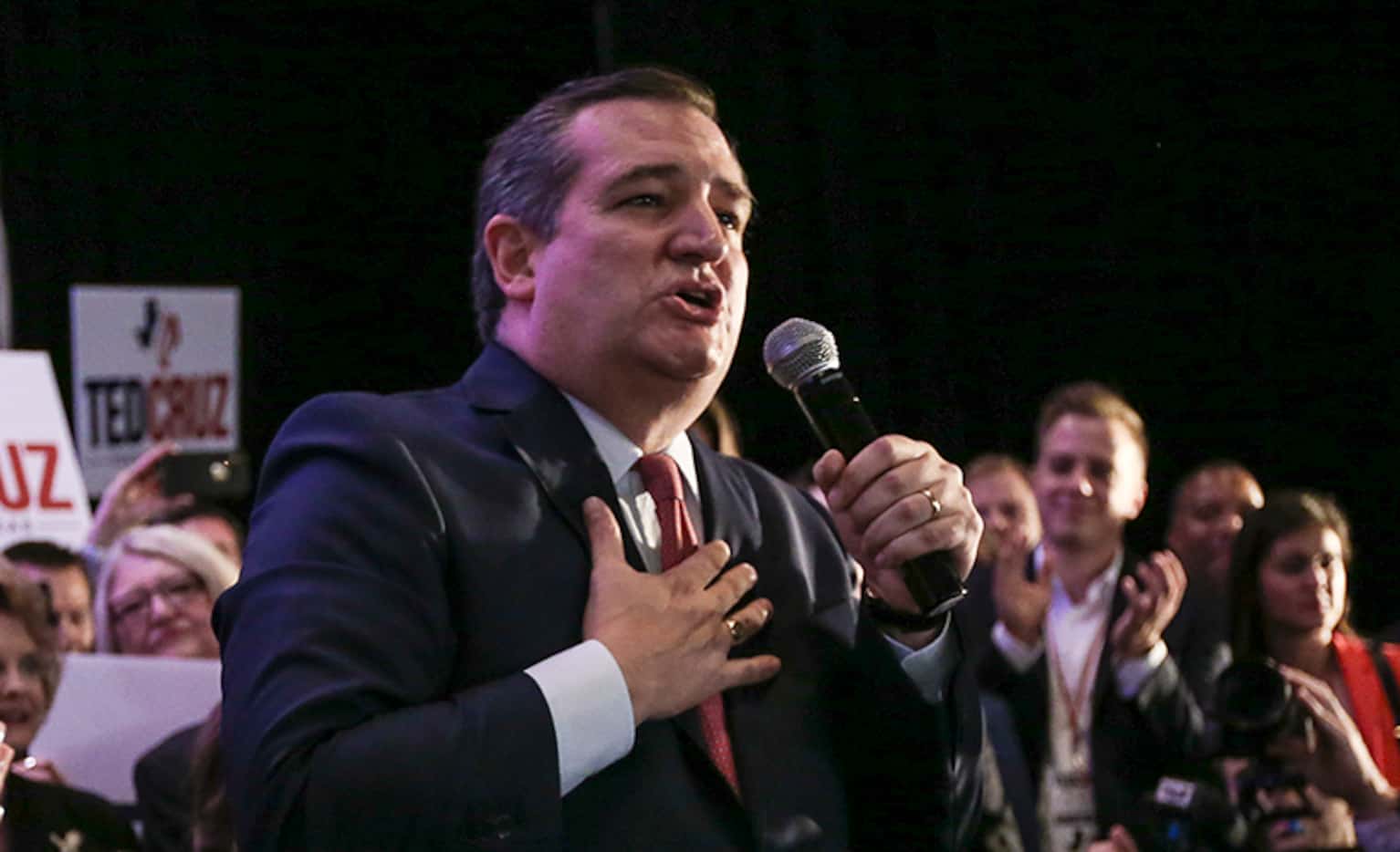 Republican Sen. Ted Cruz addresses supporters Tuesday night at the Hilton Post Oak in...