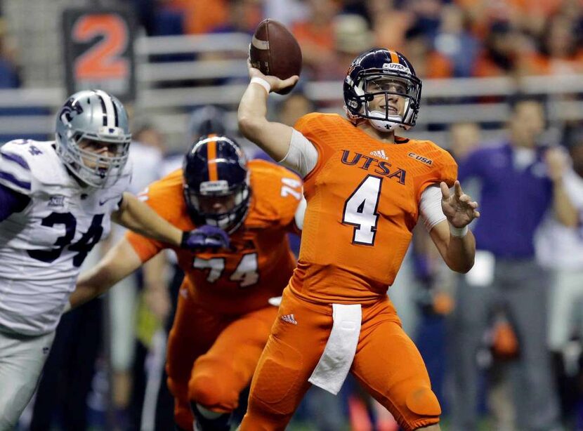 UTSA's Blake Bogenschutz (4) throws against Kansas State during the second half on Sept. 12,...