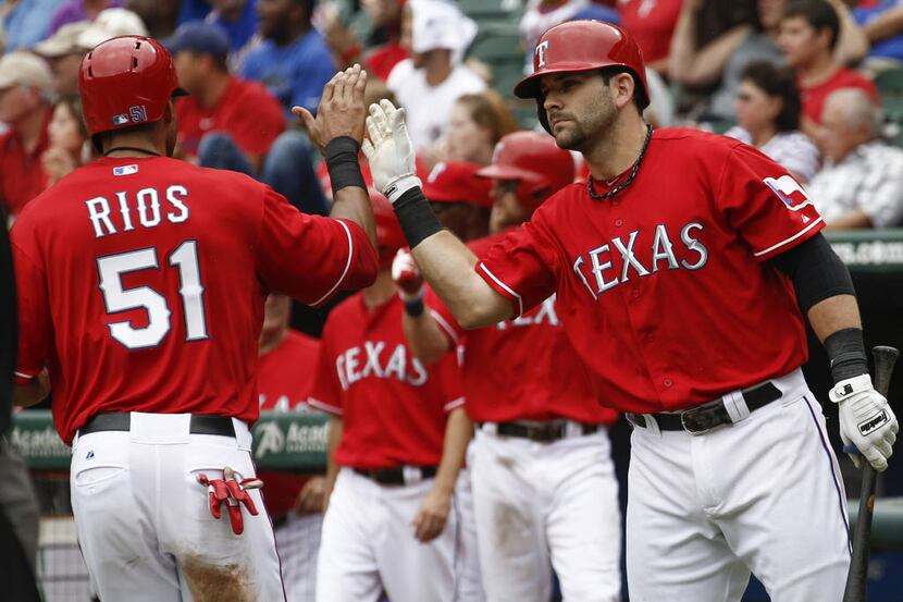 Sep 28, 2013; Arlington, TX, USA; Texas Rangers right fielder Alex Rios (51) is...