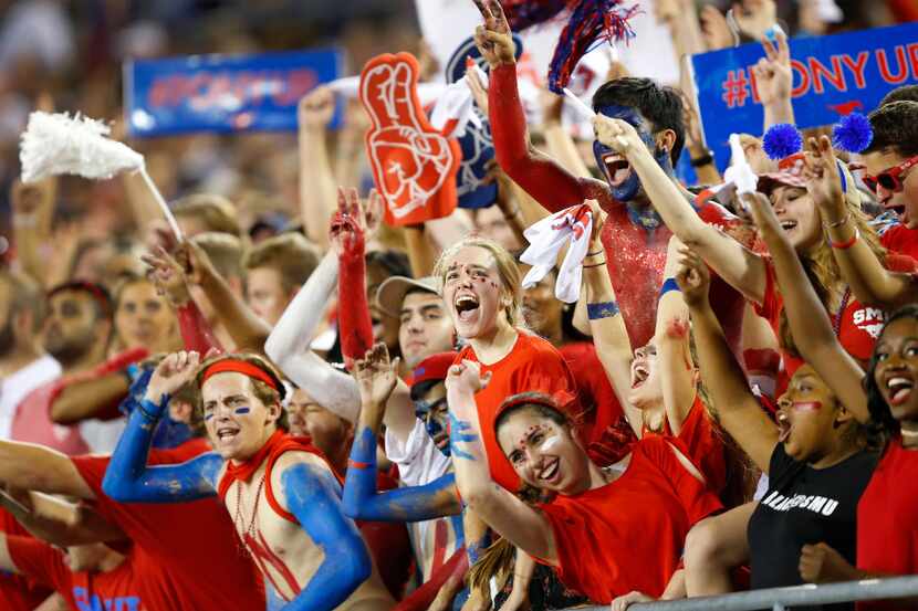 Southern Methodist Mustangs go crazy during a timeout in the TCU football game at Gerald J....