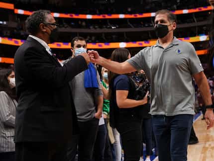 Dallas Mavericks owner Mark Cuban walks out following the Dallas Mavericks home opener...