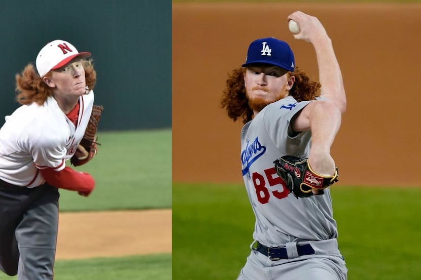 Dustin May pitching in high school (left) and Dustin May pitching for the Dodgers (right)....