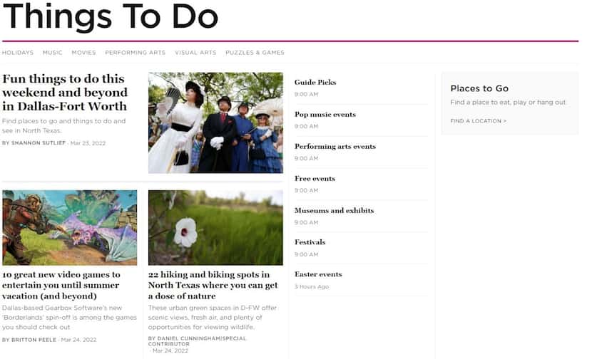 A screen capture of the Things To Do section as seen on dallasnews.com.
