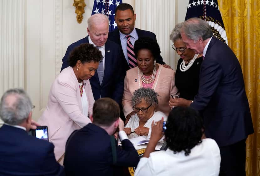 Opal Lee, 94, a Fort Worth civil rights icon, sits at the desk where President Joe Biden...