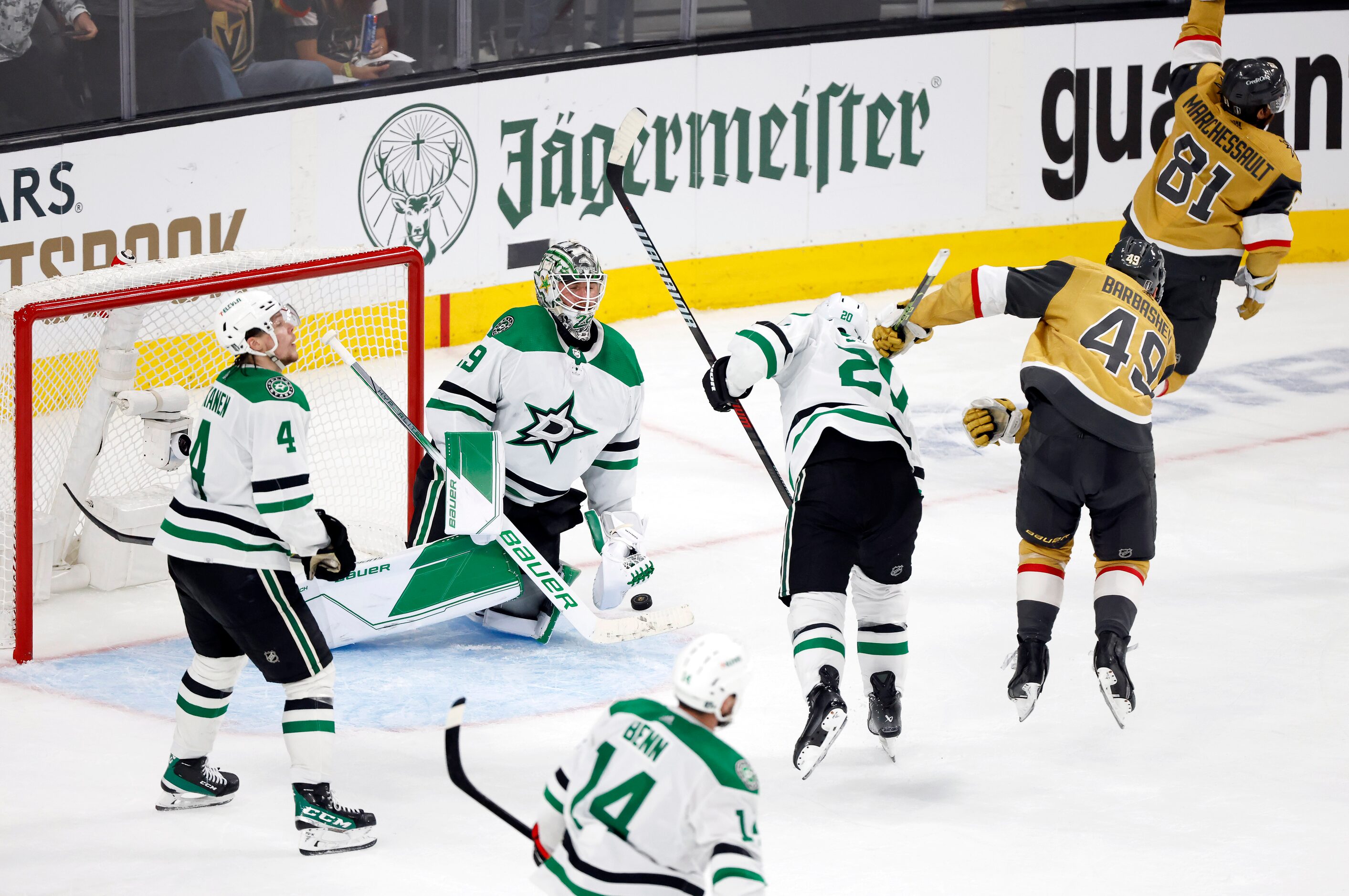 Dallas Stars goaltender Jake Oettinger (29) reacts after being scored on by Vegas Golden...