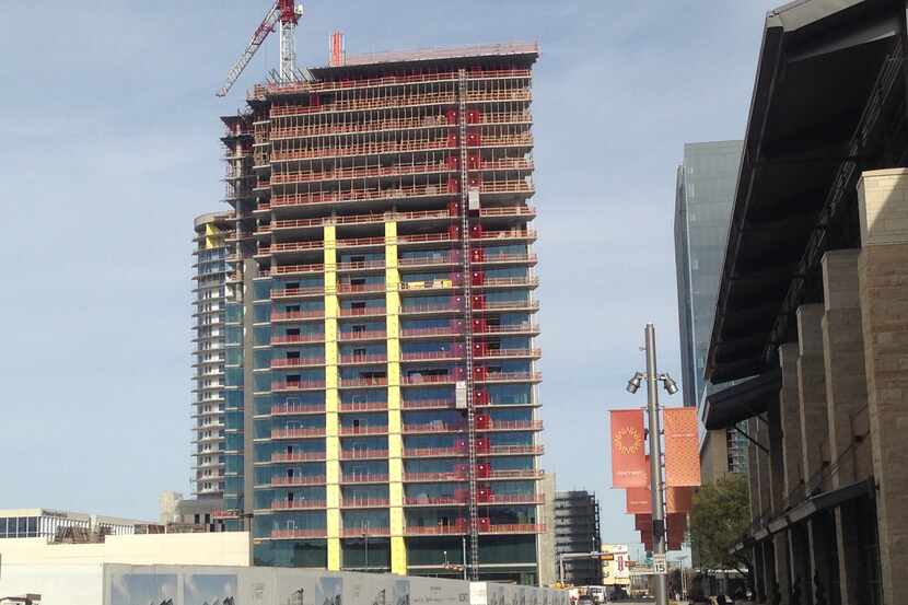 Construction has topped out on the 27-story Windrose Tower in Legacy West.