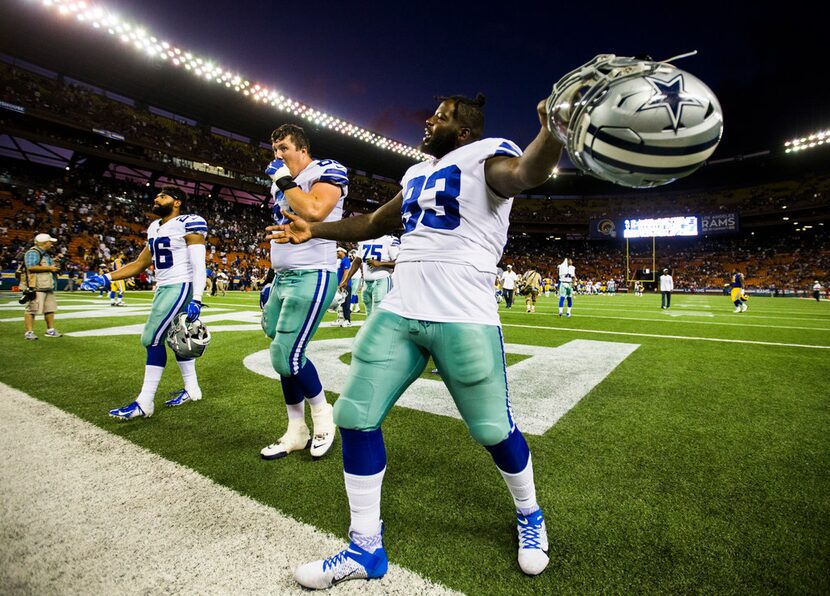 Dallas Cowboys defensive tackle Daniel Ross (93) celebrates a 14-10 win over the Los Angeles...