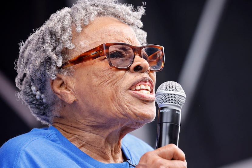 Opal Lee, the Grandmother of Juneteenth, speaks to participants in front of African American...