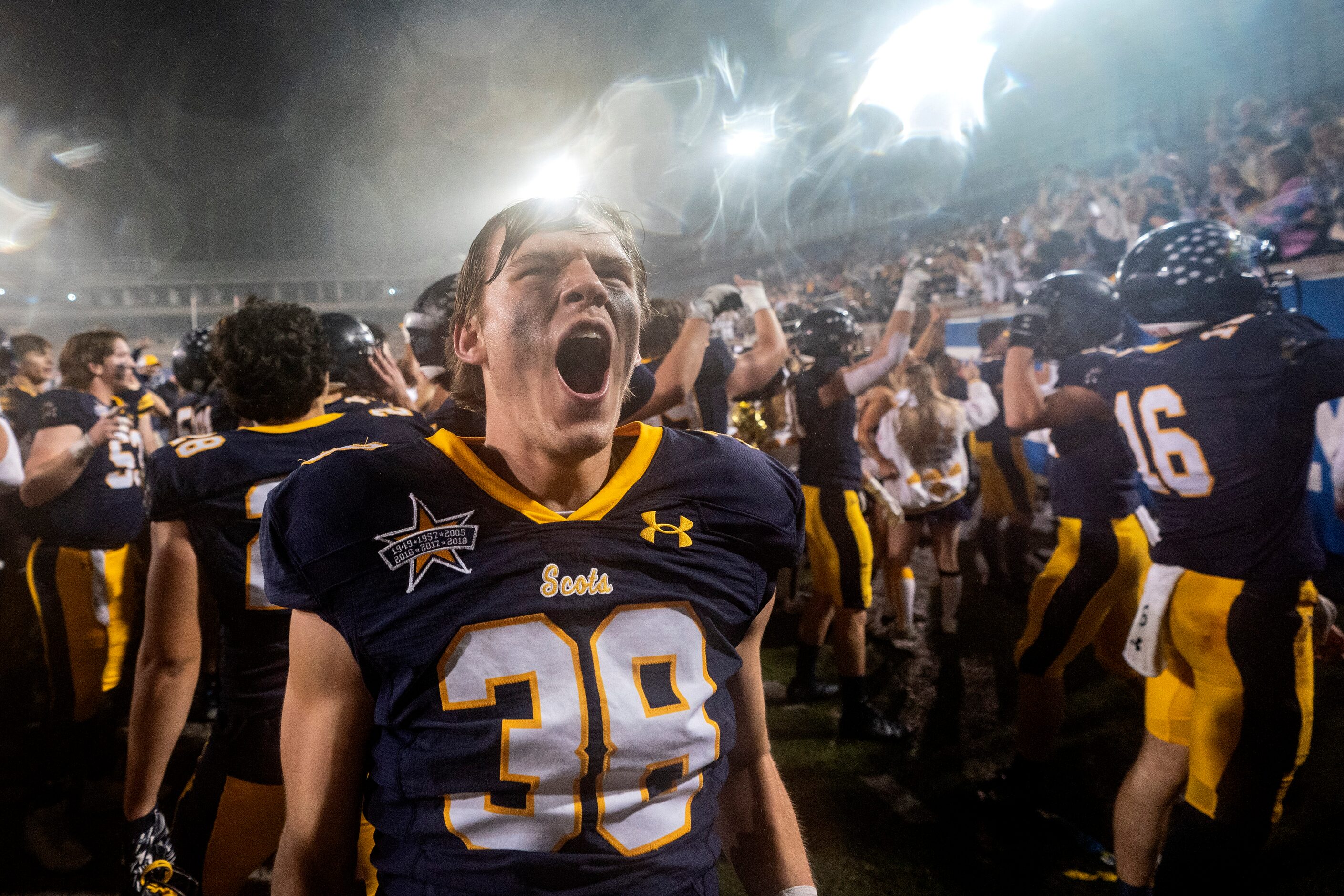 Highland Park junior cornerback Harrison Alt (38) exults after beating McKinney 22-21 on a...