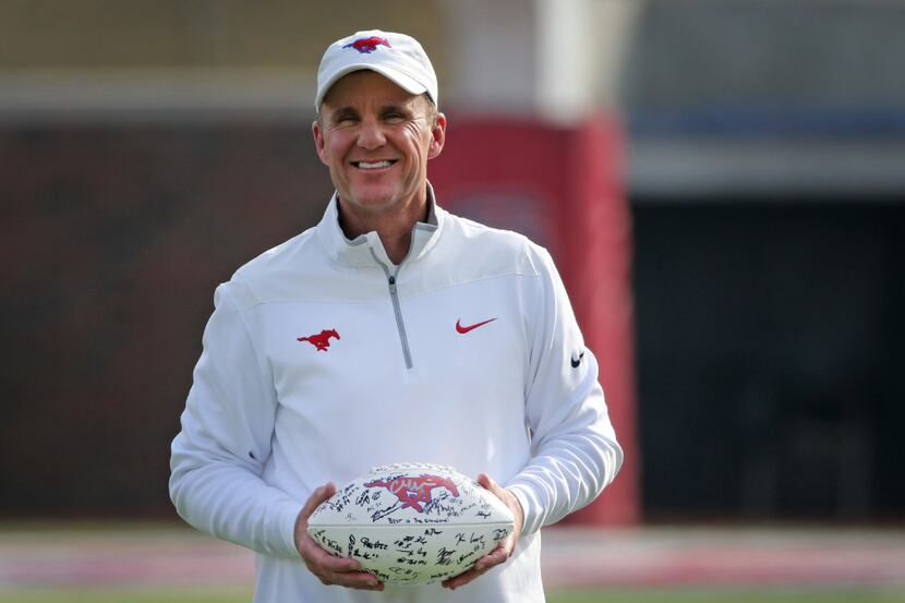 SMU head coach Chad Morris is pictured during the Navy Midshipmen vs. the SMU Mustangs NCAA...