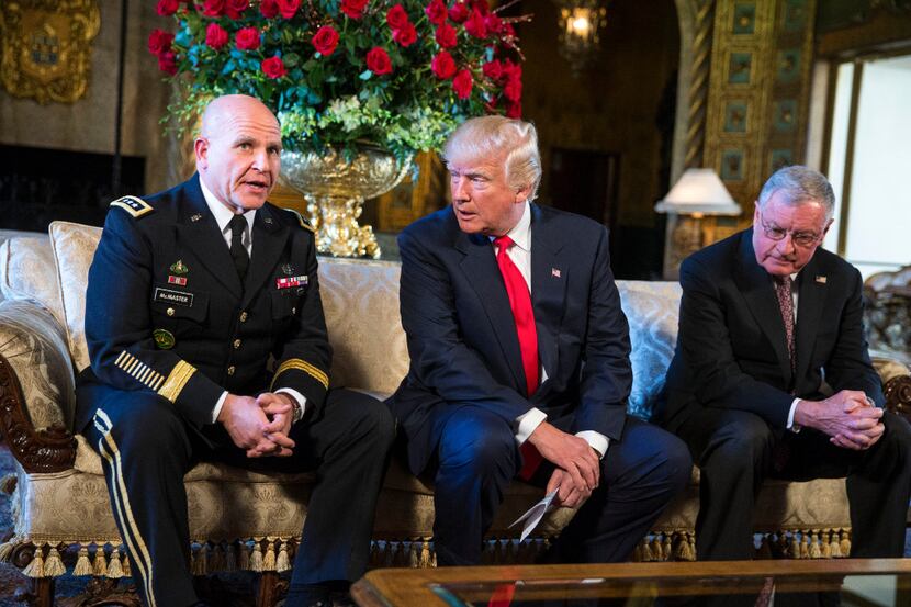 FILE -- President Donald Trump introduces Lt. Gen. H.R. McMaster, left, as the next national...