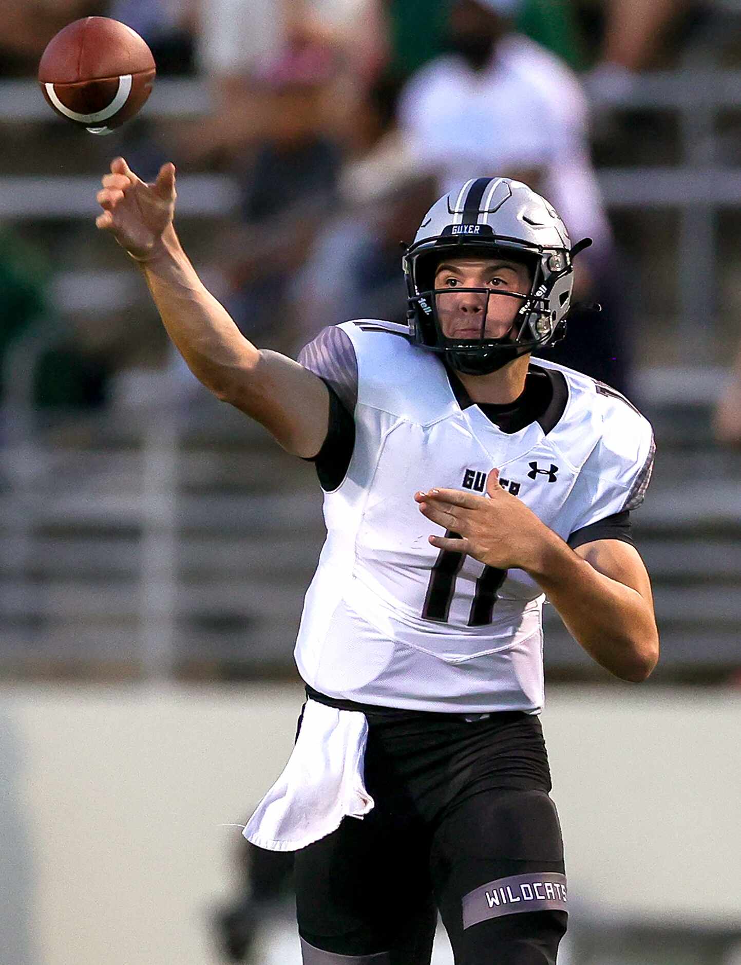 Denton Guyer quarterback Jackson Arnold attempts a pass against Denton Braswell during the...
