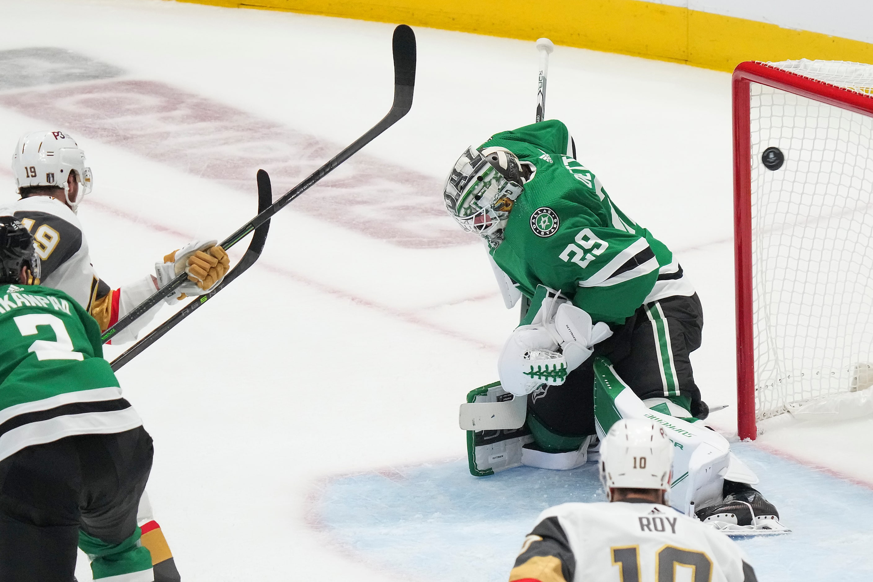 A shot by Vegas Golden Knights center Ivan Barbashev beats Dallas Stars goaltender Jake...