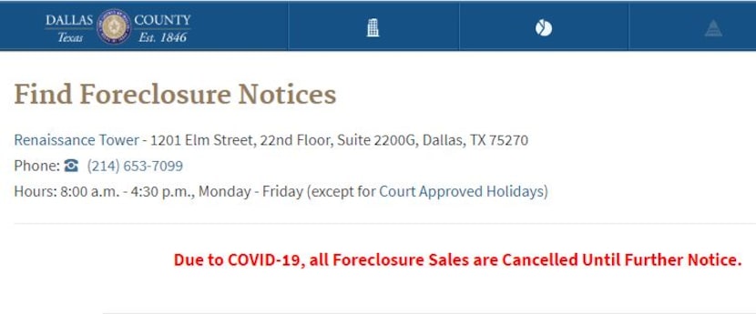 Dallas County's website contains this announcement about the cancellations of foreclosure...