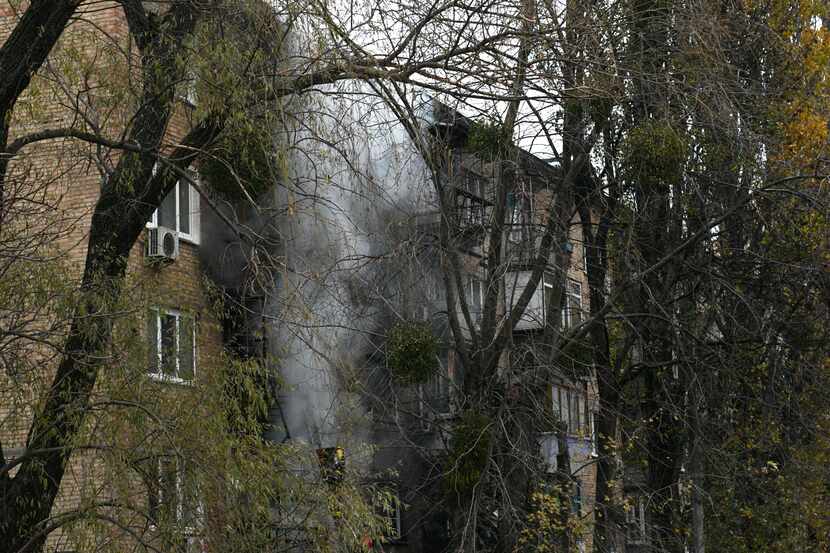 A damaged building seen at the scene of Russian shelling in Kyiv, Ukraine, Tuesday, Nov. 15,...