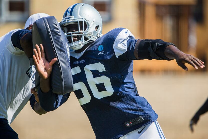 Cowboys defensive end Joe Jackson (56) runs a drill during an afternoon practice at training...