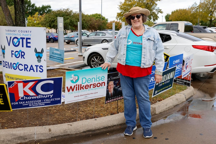 68-year-old Julia Sexton, poll greeter for Democratic candidate for Texas HD-94 Denise...