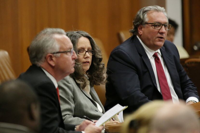 Cindy Stormer appeared at a January hearing, with attorneys Kelly Puls (left) and Mark...