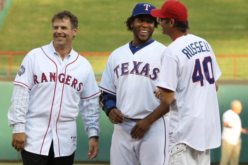 Former Texas player John Wetteland, current Rangers Neftali Feliz and former Rangers Jeff...