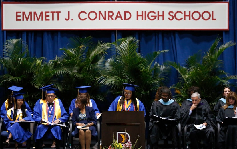 Conrad High valedictorian Eleni T-Giorgs addresses the crowd at graduation.