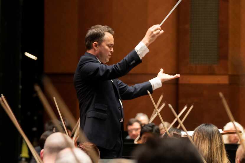 Guest conductor Garrett Keast leads the Fort Worth Symphony Orchestra in the Adagio for...