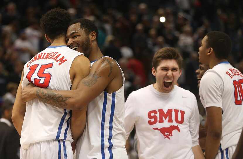 MARKUS KENNEDY  hugged Cannen Cunningham (15) as SMU celebrated its win over the Connecticut...