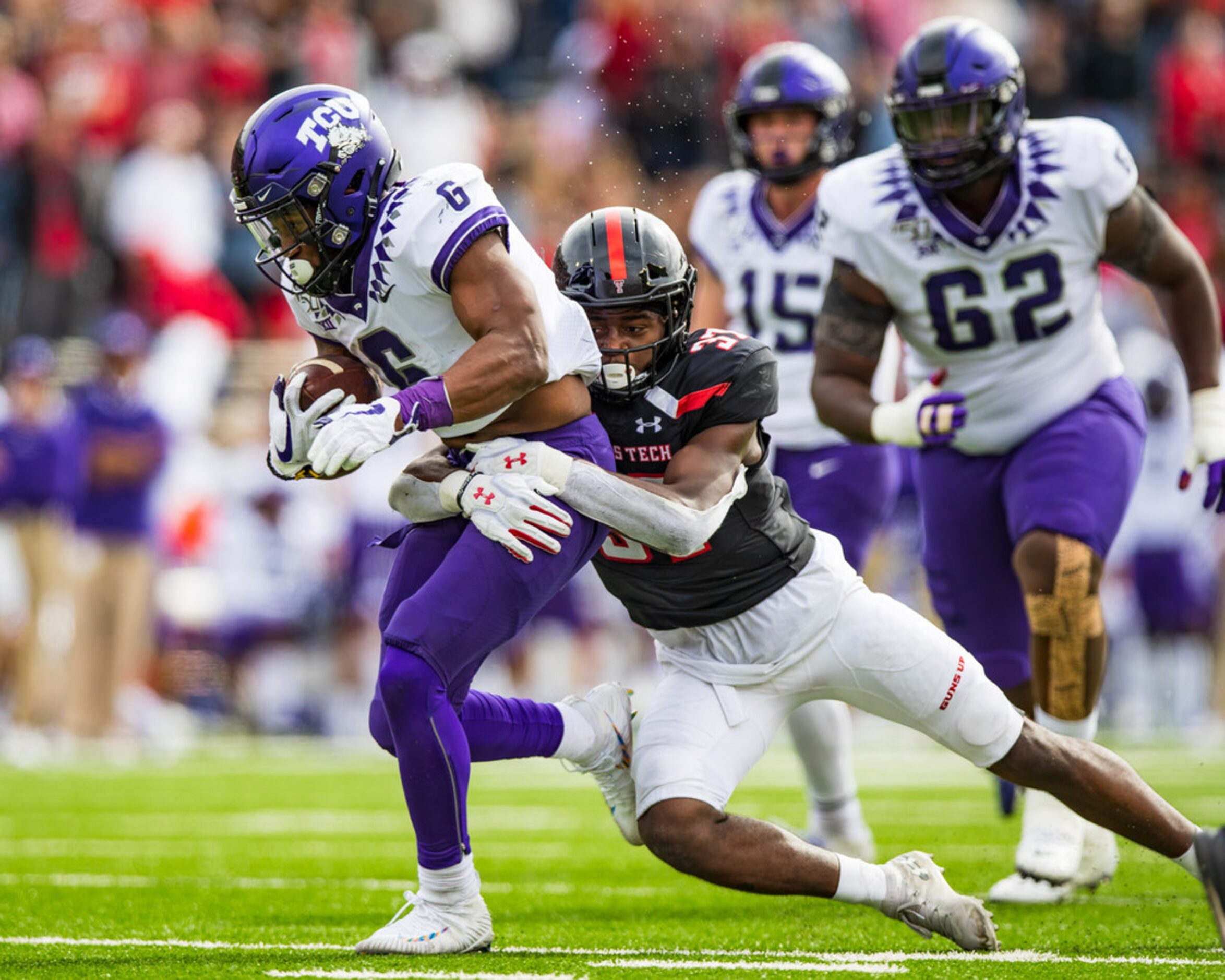 LUBBOCK, TEXAS - NOVEMBER 16: Running back Darius Anderson #6 of the TCU Horned Frogs is...