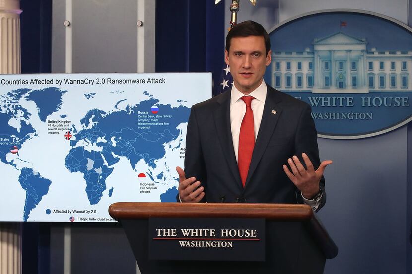 Tom Bossert briefs reporters in December about the WannaCry cyberattack, blamed on North...