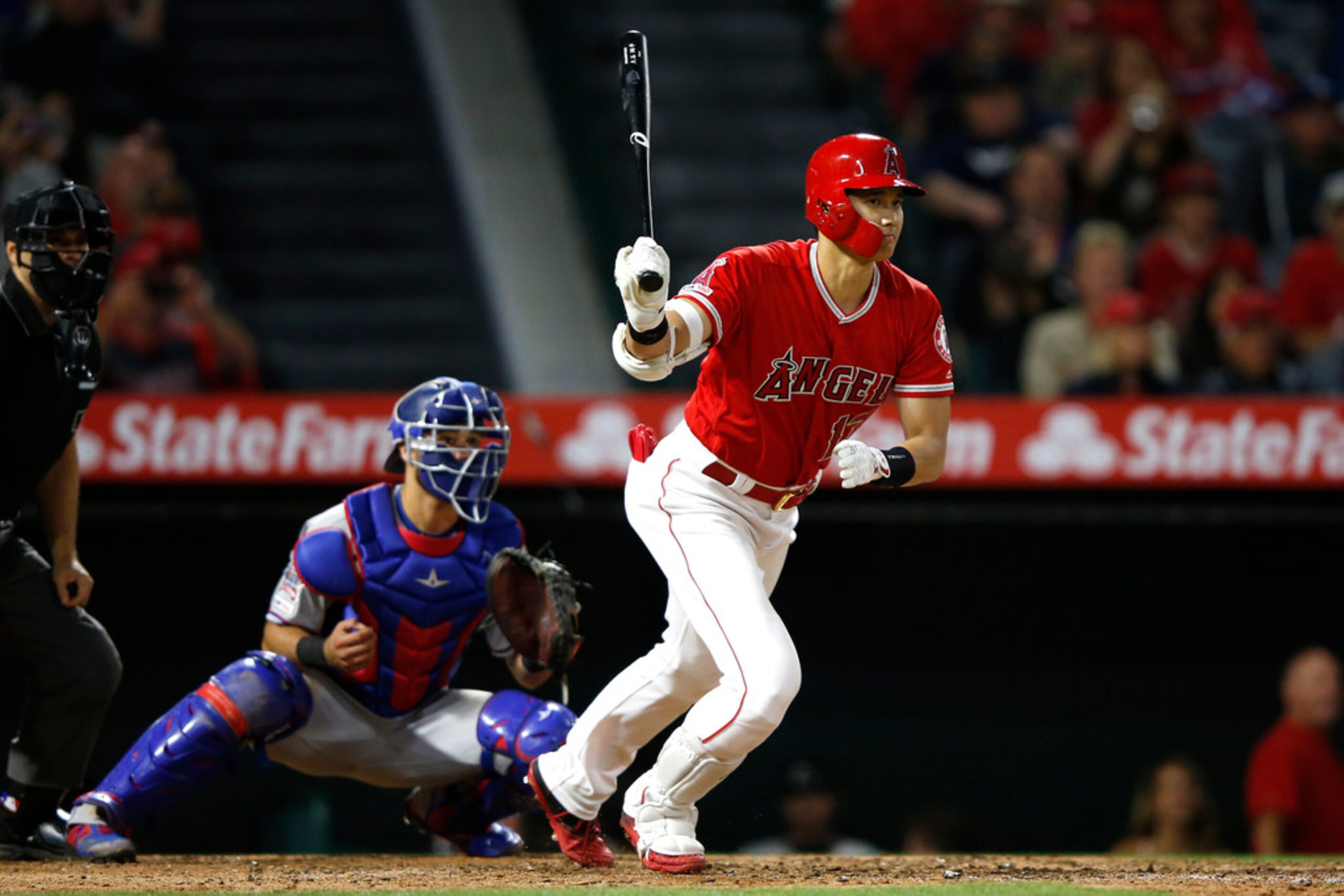 ANAHEIM, CALIFORNIA - MAY 24:  Shohei Ohtani #17 of the Los Angeles Angels of Anaheim lines...