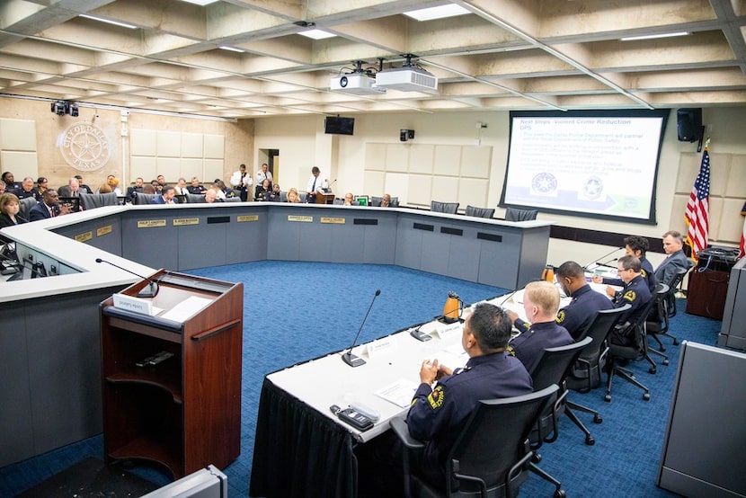 Members of the Dallas Police Department give a presentation during a Public Safety and...