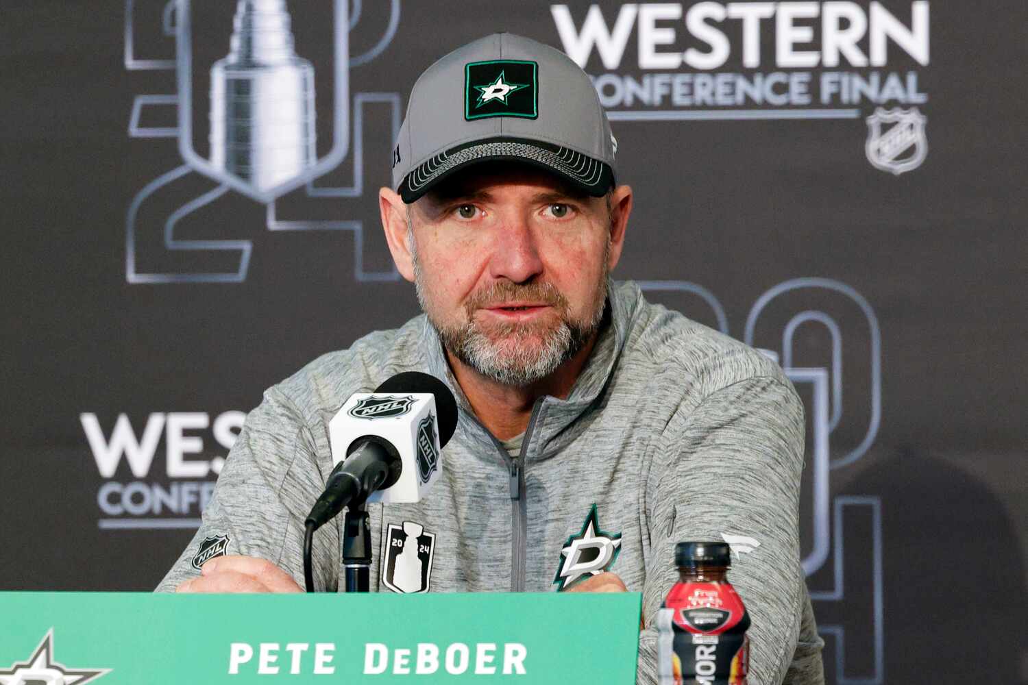 Dallas Stars head coach Peter DeBoer  speaks to reporters at Rogers Place, Tuesday, May 28,...