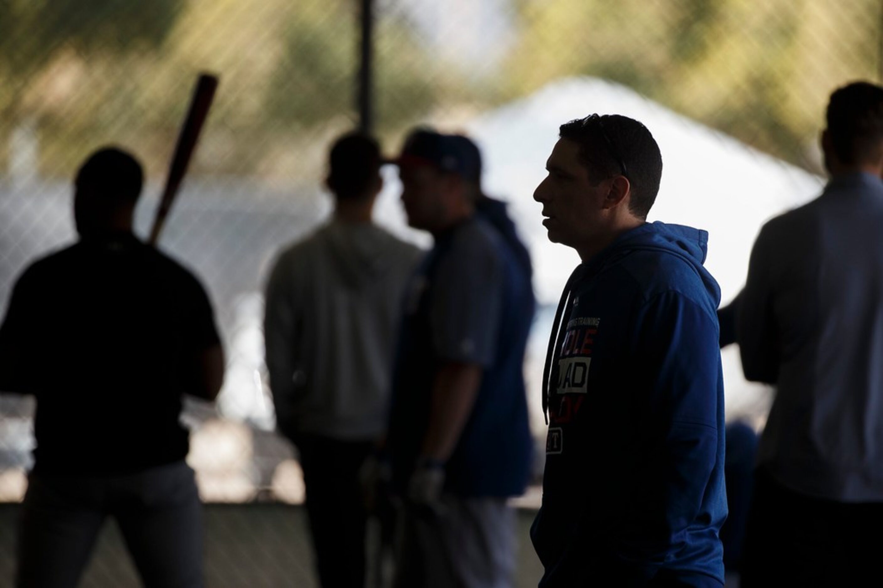 Texas Rangers general manager & president, baseball operations Jon Daniels watches players...