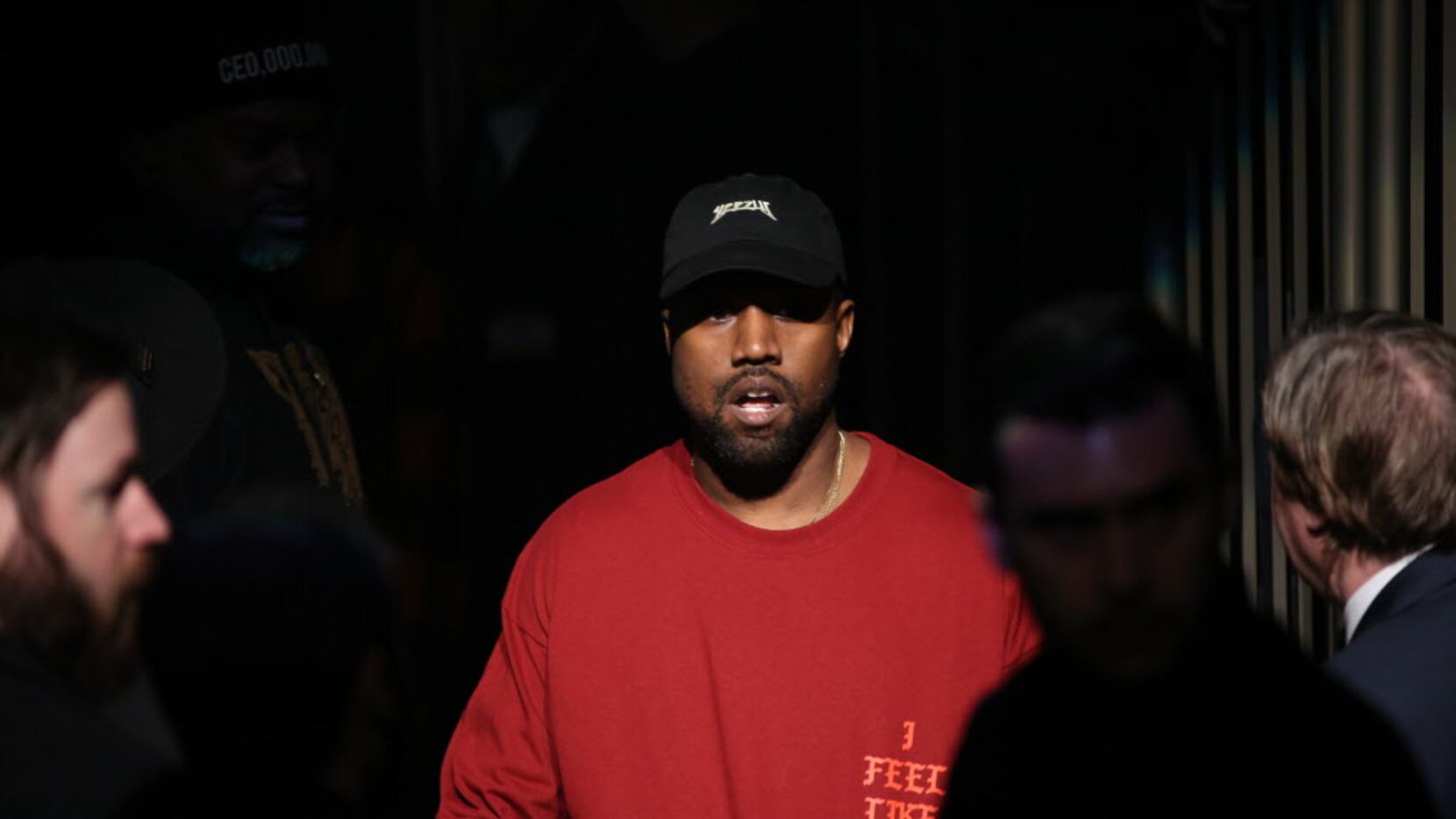 Kanye West, backstage before the unveiling of his third sportswear collection for Adidas, at...